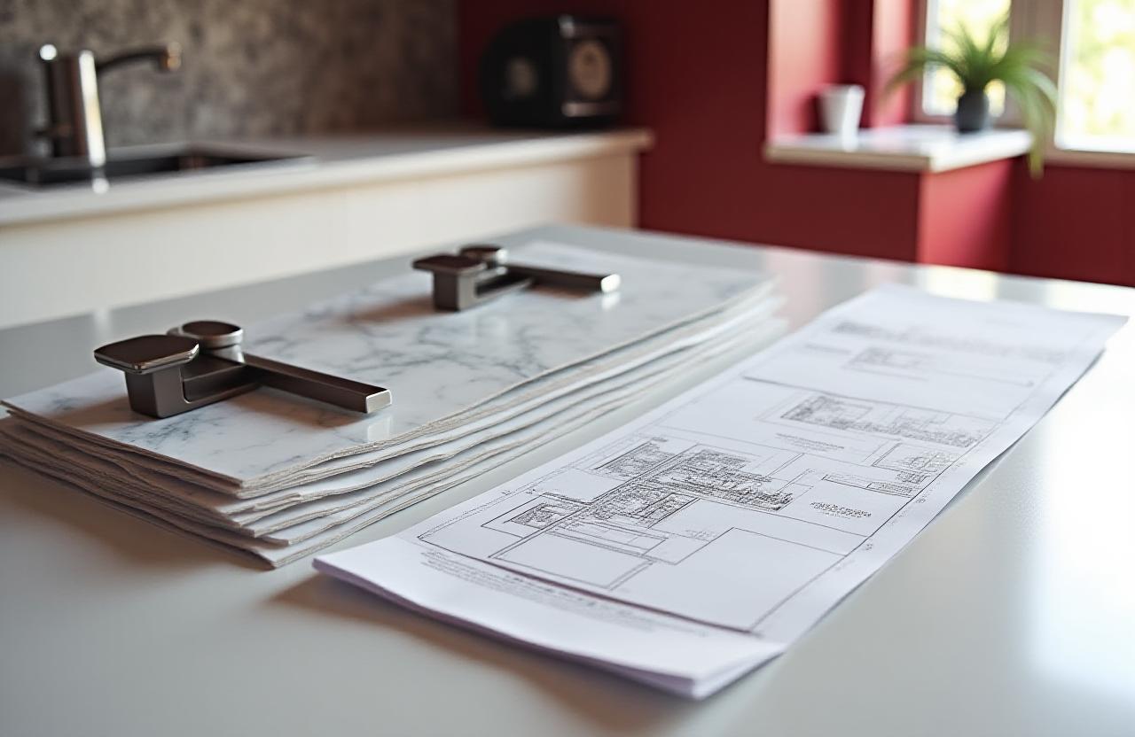 Architectural blueprint and high-end kitchen materials