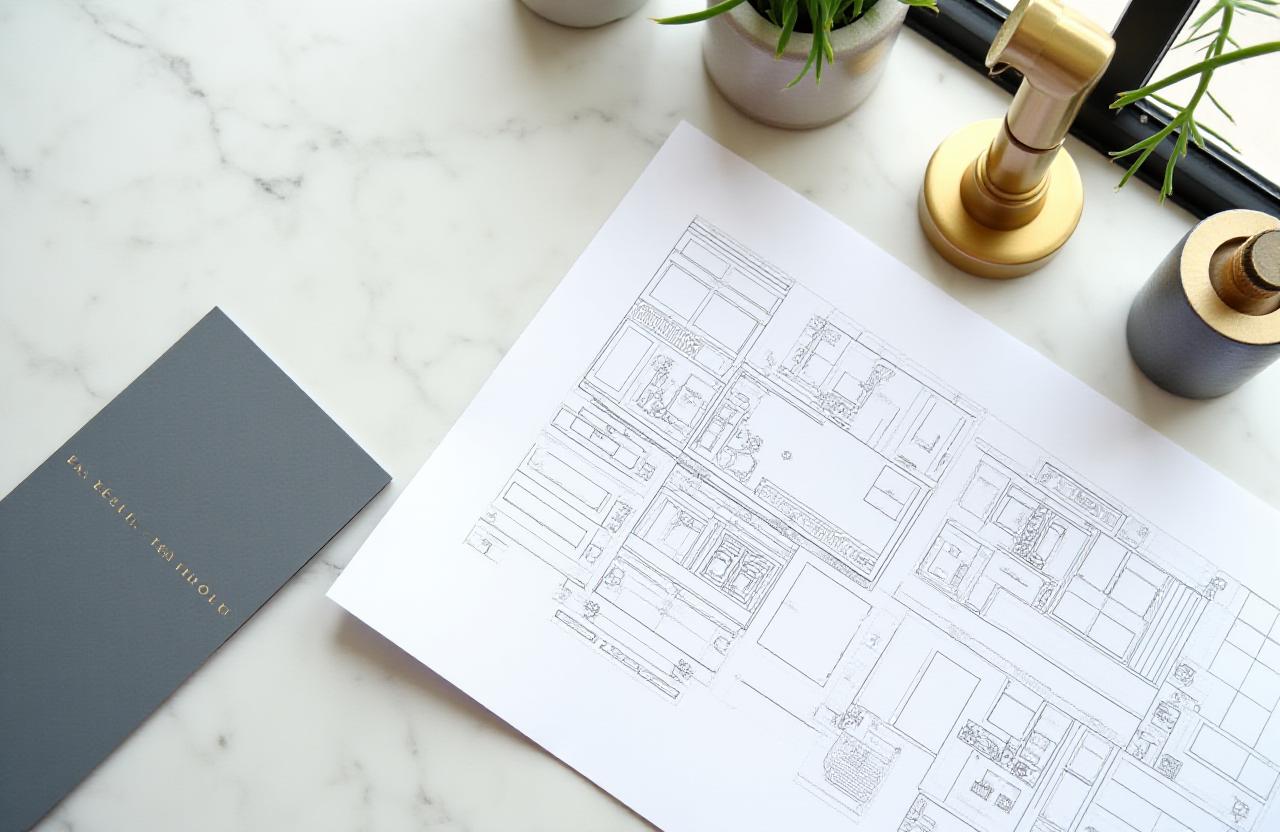 Architectural blueprint and marble samples