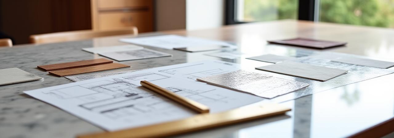 Close up of architectural blueprints and high-end materials